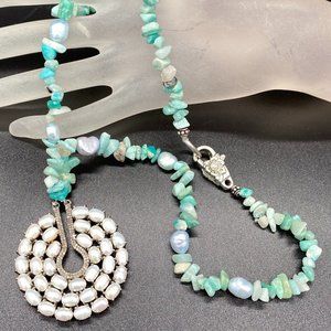 Necklace - Diamond Water Pearl Pendant, Pearls, Amazonite Stones